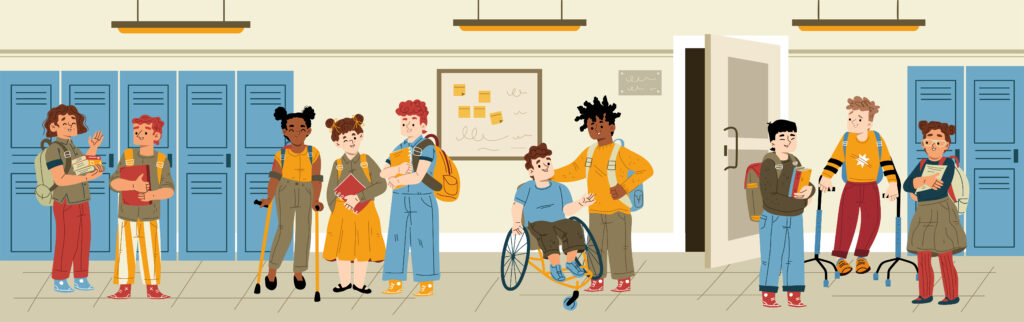 Disabled and healthy kids stand in school hall